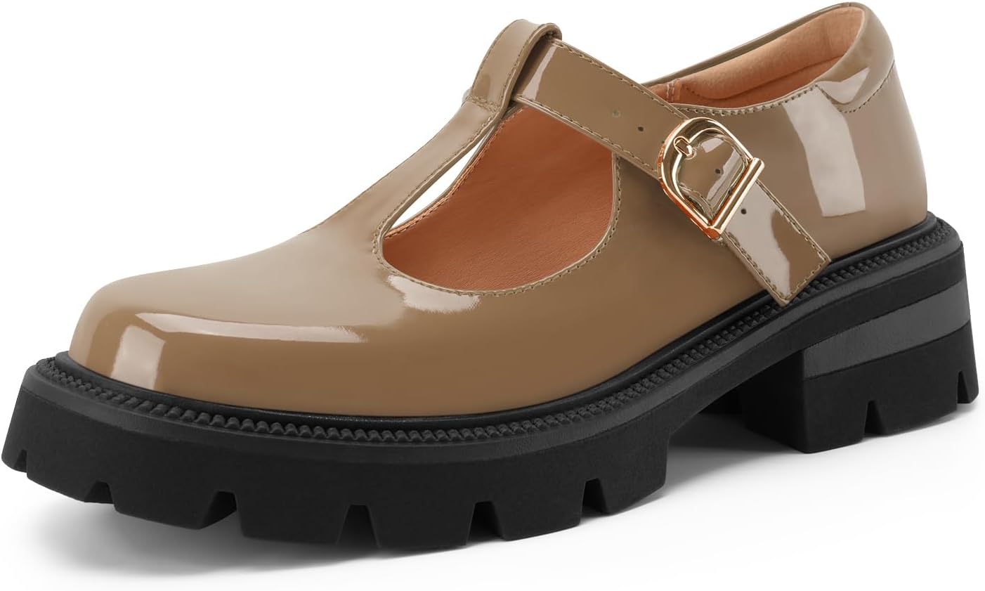 Women's T Strap Mary Jane Oxford Shoes Low Platform Chunky Heel Patent Leather Lug Sole Closed Round Toe Ankle Strap Comfortable Dressy Work Pumps