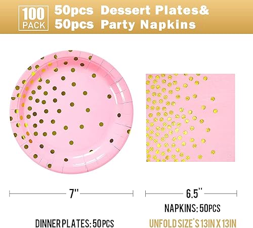 Miniatura 2 de Platos y servilletas de papel rosa y dorado, 100 unidades, platos de postre de 50 x 7 pulgadas y servilletas de 50 x 6.5 pulgadas, platos de papel