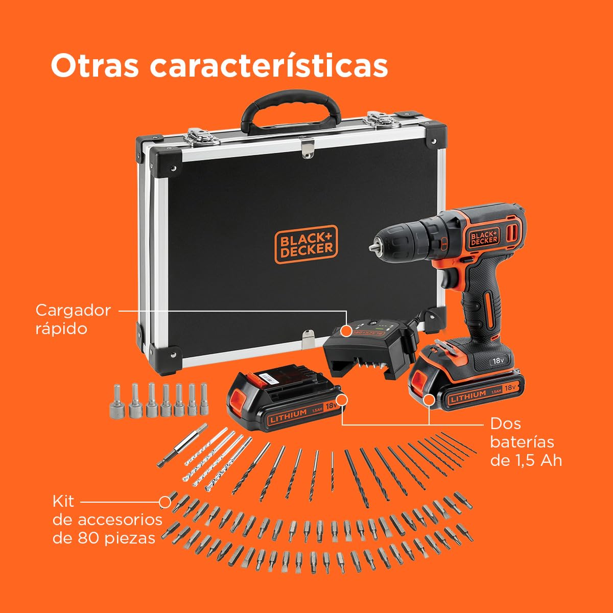 BLACK+DECKER Kit de taladro atornillador INALÁMBRICA de 18V con 2 baterías de 1,5Ah, cargador rápido, juego de 80 accesorios y maletín de transporte, BDCDC18BAFC-QW