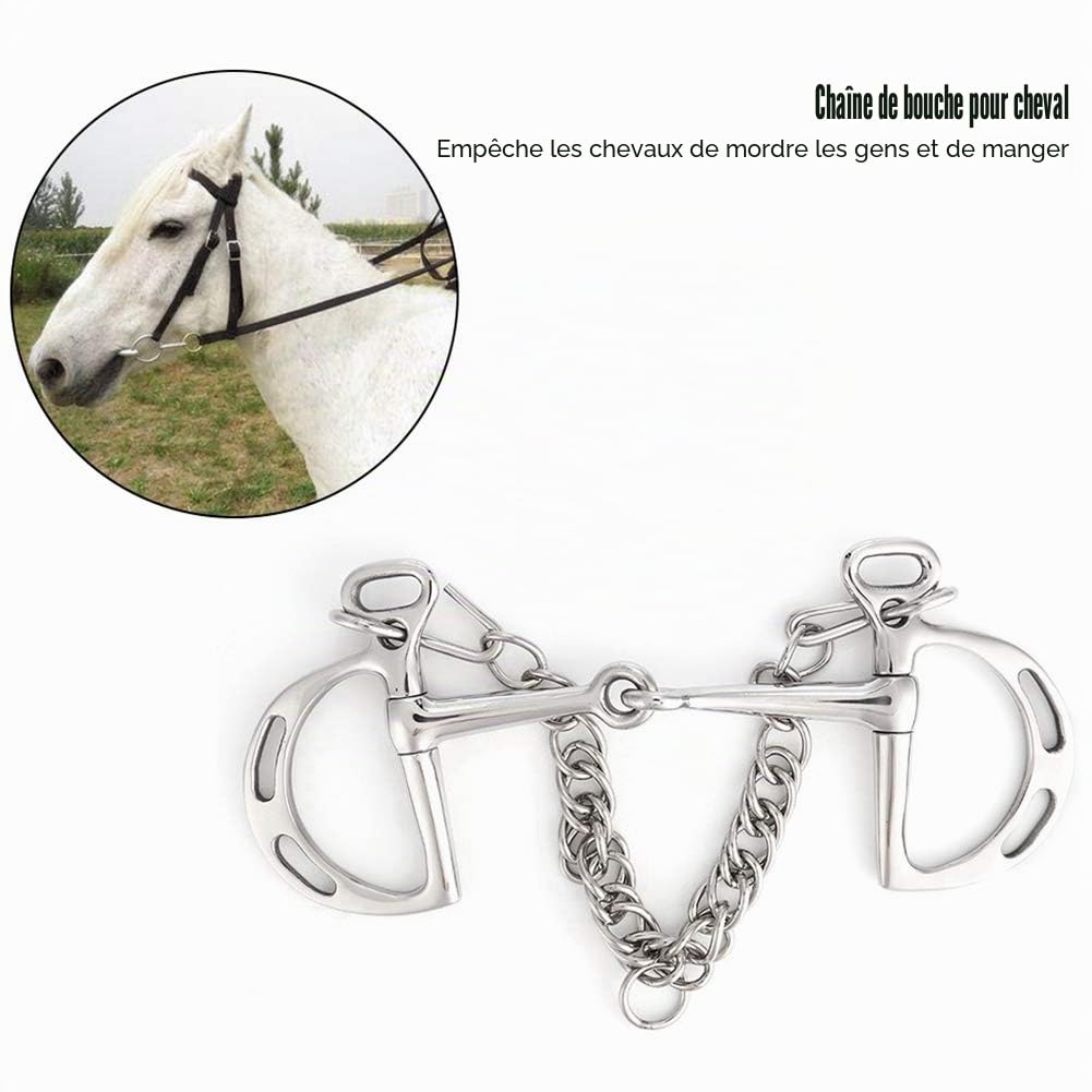 Nikou Cheval à Mâcher, Mors en Acier Inoxydable à Bouche Solide et Articulée pour Cheval, avec Chaîne à Double œIl et Crochet (Longueur de la Bouche du Cheval 125 mm)