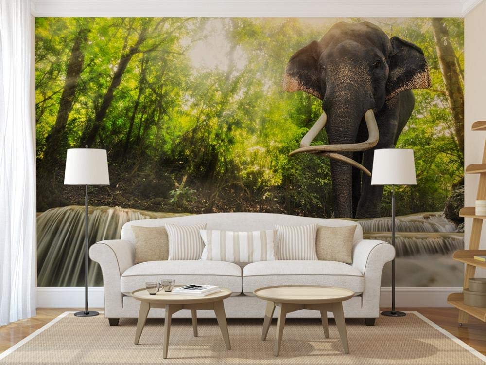 Papier peint photo 3d forêt cascade éléphant décor mural 350x245 cm