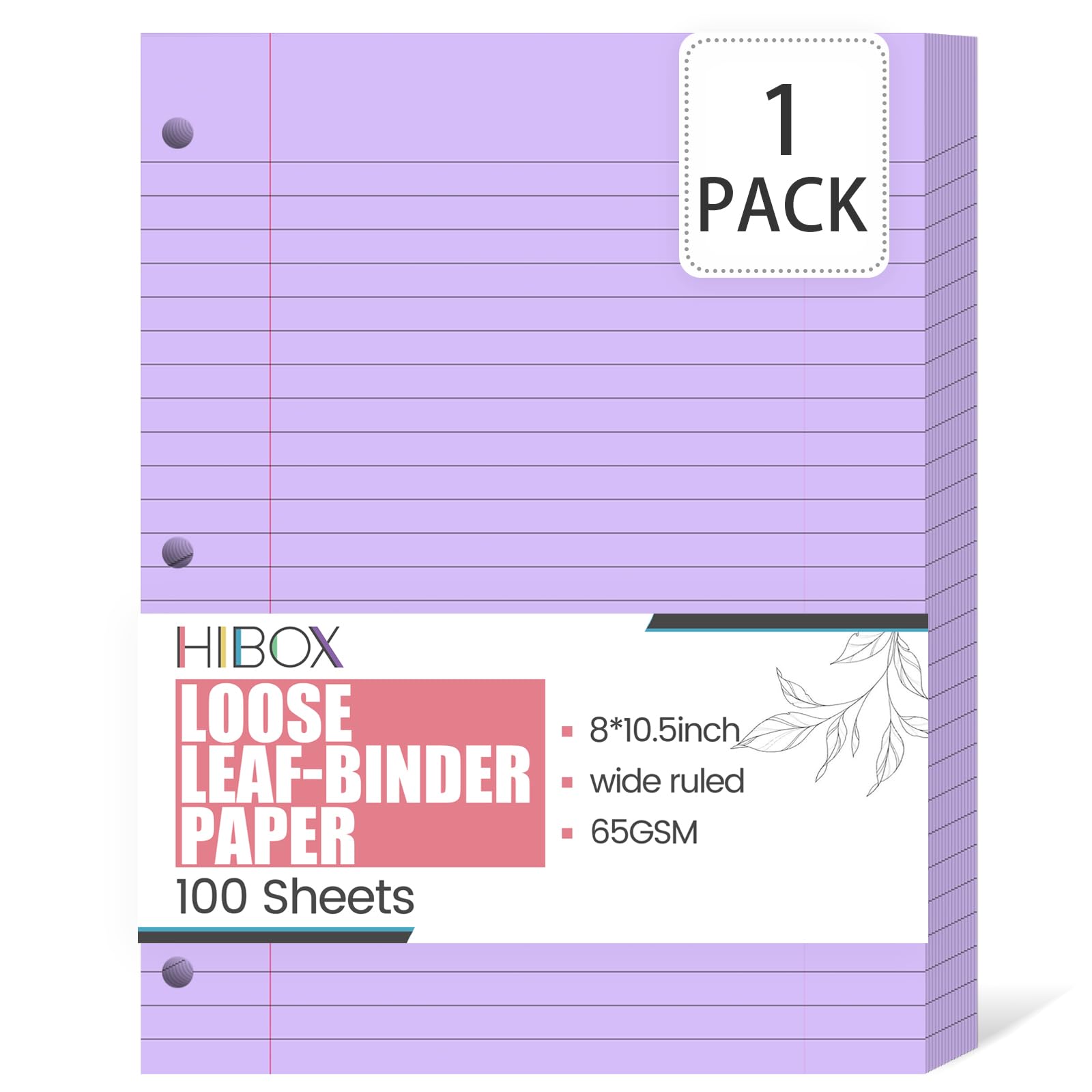 HIBOX Purple Loose Leaf Paper, 100 Sheets 8"x10.5" Colored Notebook Paper, 3-Hole Punched for 3-Ring Binders Notebook, School & College, Fights Ink Bleed, Office Planners