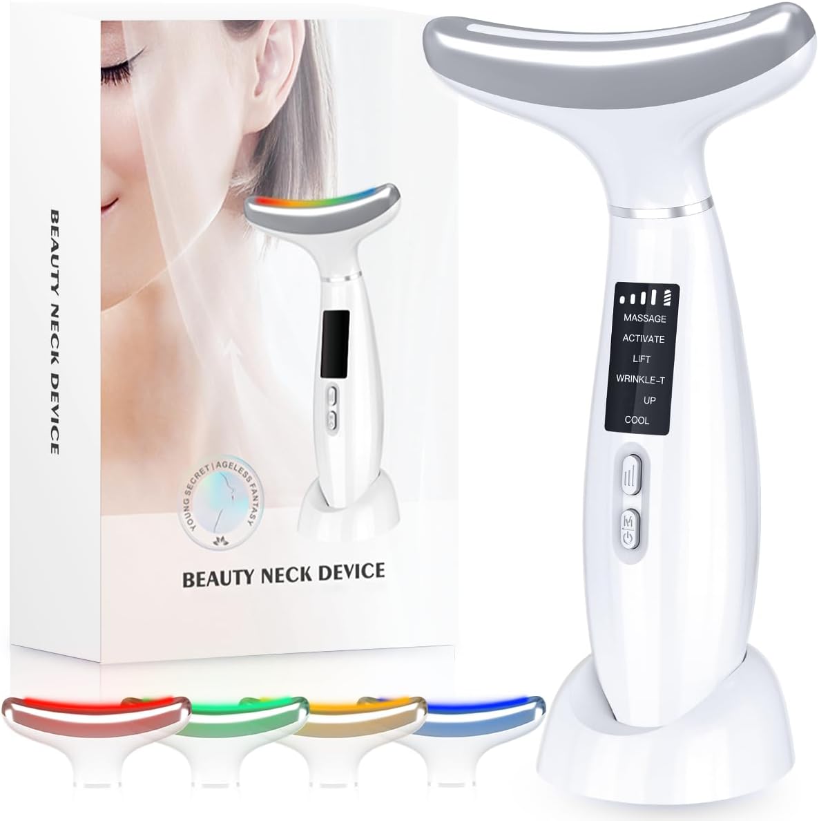 Red Light Therapy for Face and Neck, 4 Color LED Facial Massager Device, Neck Face Beauty Device with Vibrating, Warming Function, Neck Face Massager for Enhanced Face, Neck and Shoulder Care (White)