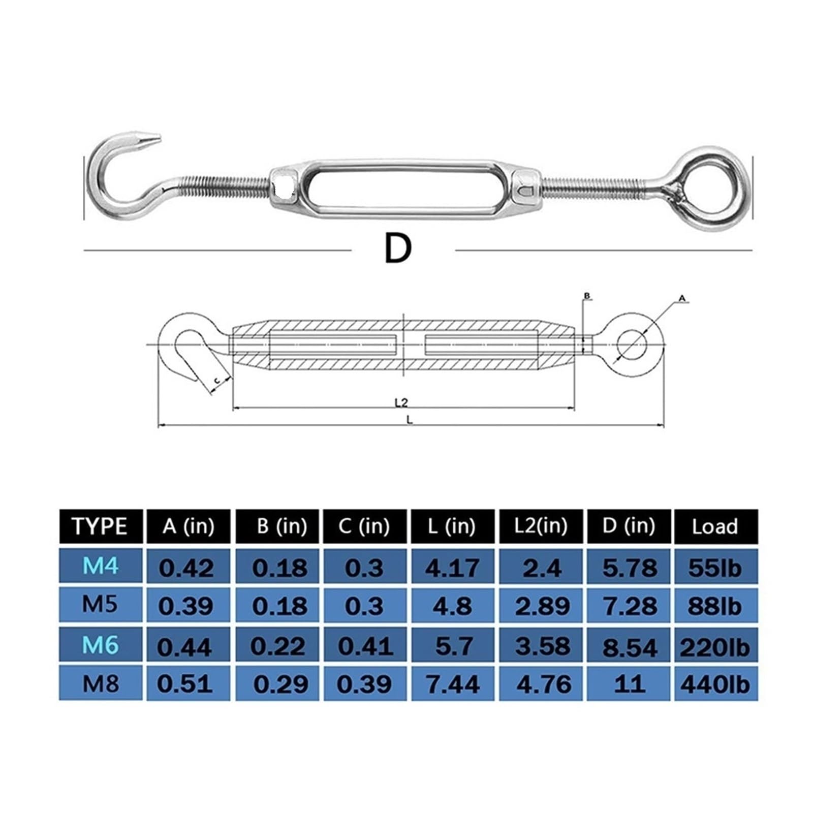 Spannschloss-Drahtspanner, robuste Edelstahl-Takelschrauben, 8 Stück für sichere Kabelspannung, ideal für den Außen- und Innenbereich
