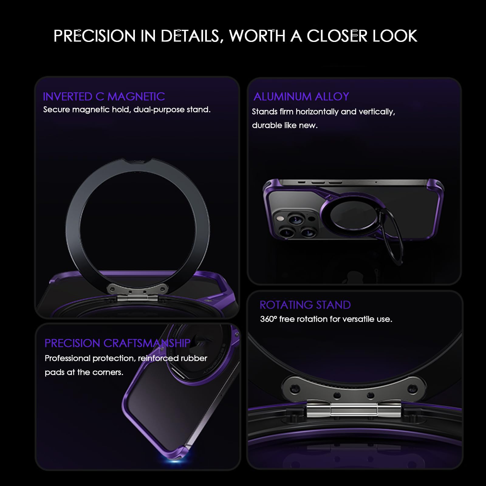 Estuche para iPhone 16/16 Pro/16 Pro MAX, Ultrafino, De Aluminio, Sin Marco, con Disipación De Calor Y Soporte Giratorio De 360 ​​Grados, Tacto Elegante Y Tacto Suave,16,Purple