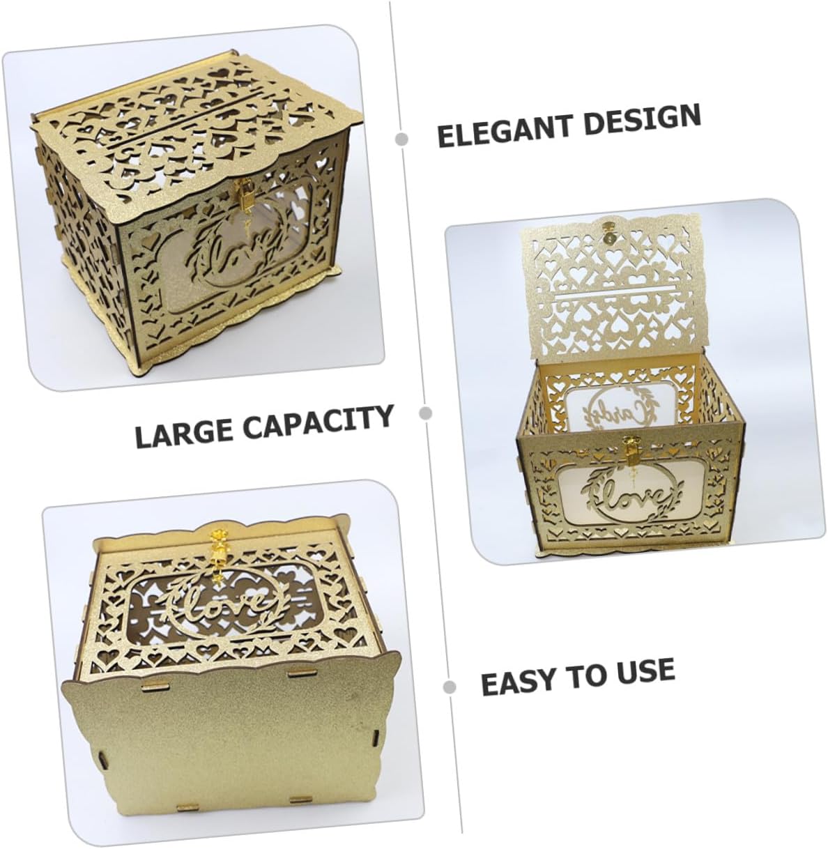 Wooden Hollow Card Box with Glitter Portable Wedding Reception Card Holder Anniversary Greeting Storage Box without Lights for Birthday Party Decor