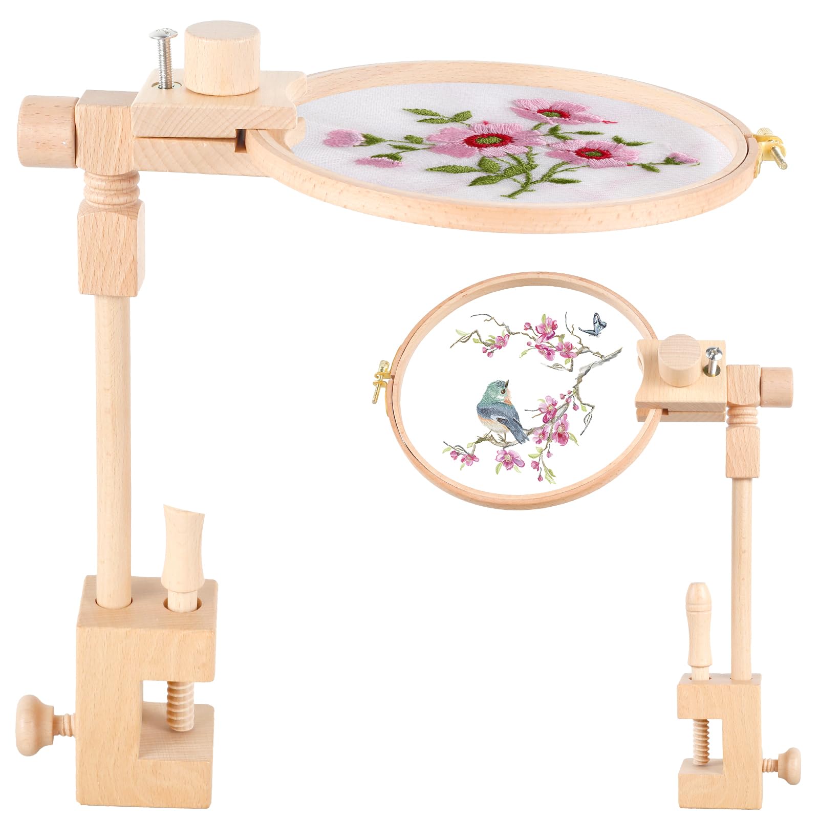 HAIJED Embroidery Hoop Table Stand with Clamp, 360 Degree Rotation Beech Cross Stitch Holder, Adjustable Embroidery Hoop Stand Clamp, Desktop Embroidery Frame for DIY Craft Sewing Needlework