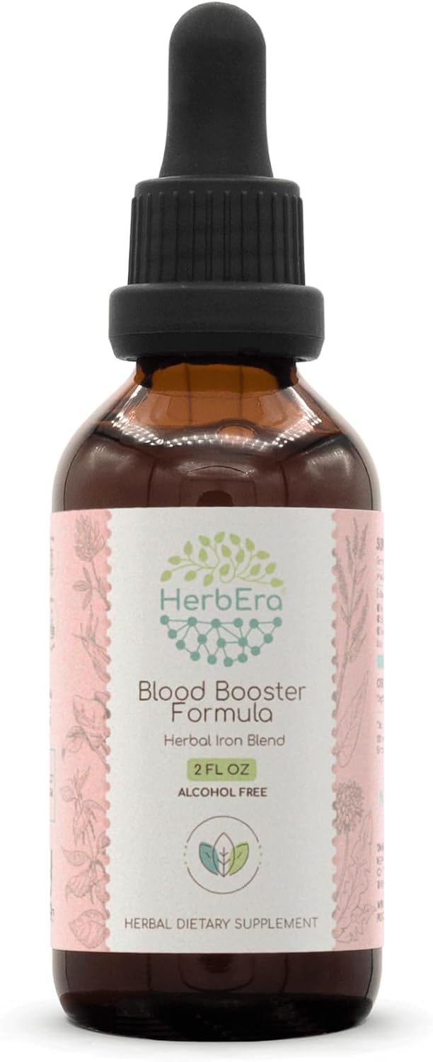 HerbEra Blood Booster Formula B60 Alcohol-Free Extract Tincture: Stinging Nettle Leaf, Dandelion Leaf, Spinach, Spirulina, Alfalfa, Yellow Dock Root, Herbal Iron Blend 2 Fl Oz