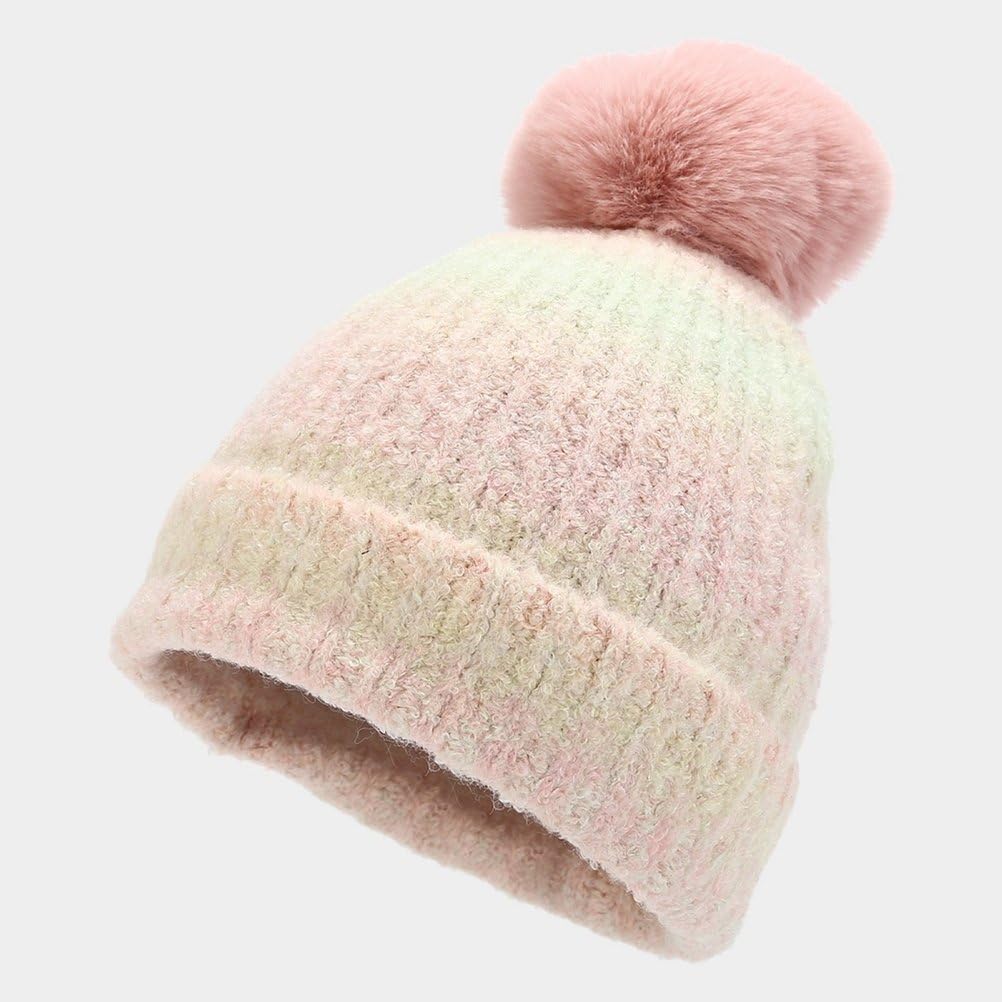 Donna Inverno Caldo Gradiente Pompon Beanie Cappello Touchscreen Guanti Lunga Maglia Sciarpa 3 in 1 Set,Rosa