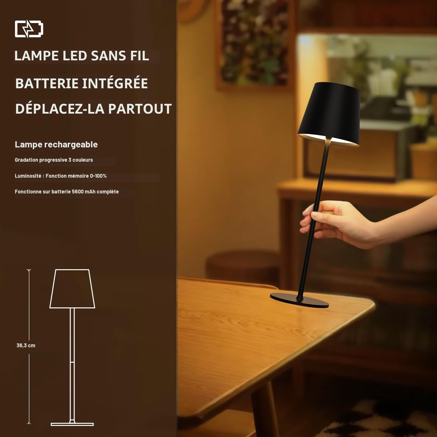 Lampe de Table à Batterie LED Dimmable, Lampe de Table Sans Fil Tactile avec USB-C, Lampe de Bureau à Batterie Rechargeable LED en Métal pour Extérieur et Intérieur, Aluminium, IP44, 5600mah, 5W, Noir
