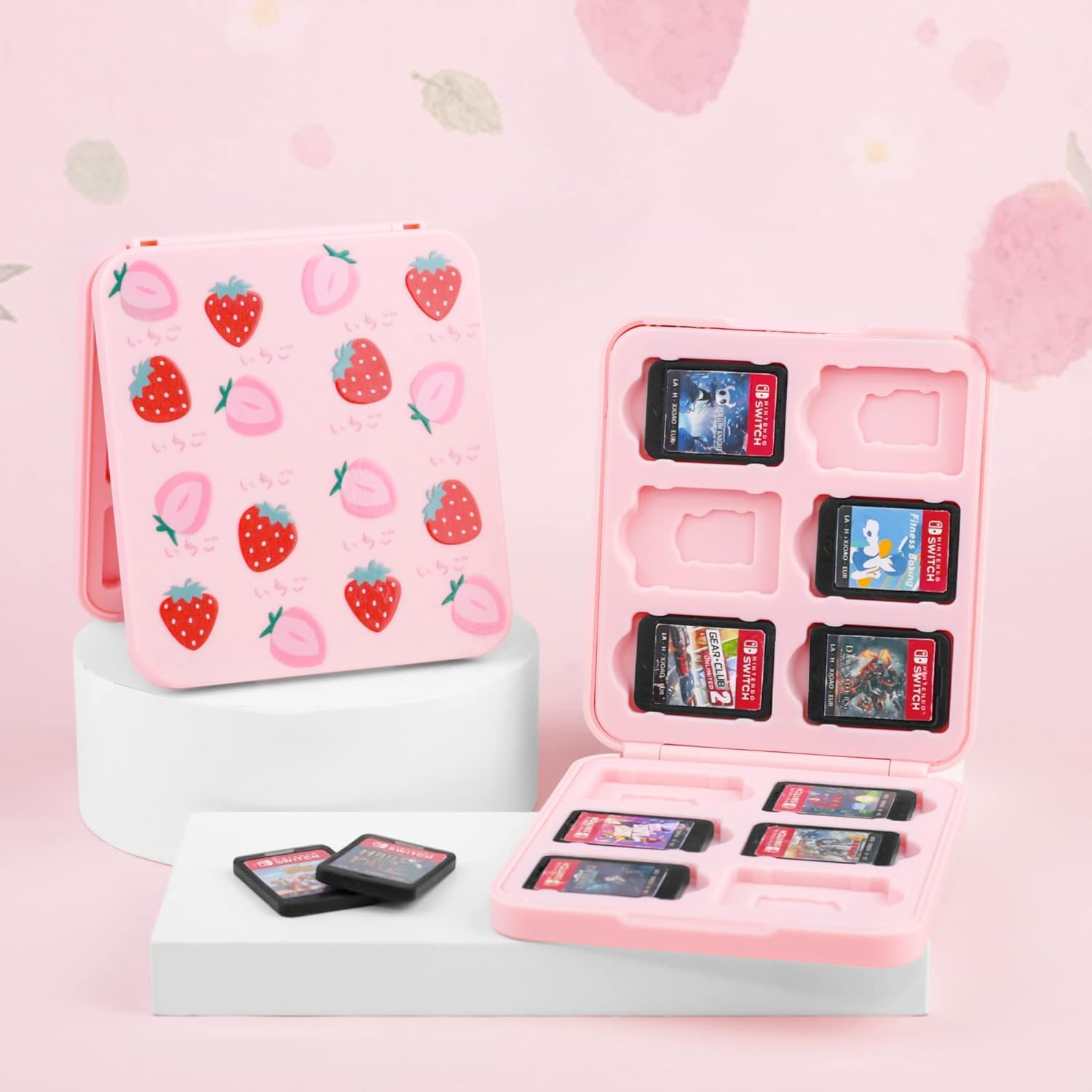 RHOTALL Erdbeer-Tragetasche für Nintendo Switch, harte Reisetasche mit Schutzhülle, Schultergurt, Spielkartenetui, Displayschutzfolie, 2 Daumenkappen
