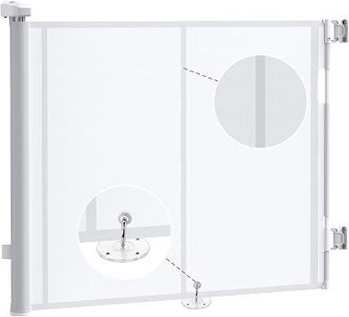 HOMGEN Upgrade Retractable Stair Baby Gates 140cm/55Inch with Fiberglass Strips & Rings Extendable Stair Gate 86cm/34Inch Tall Long Mesh Baby Gate Retractable Dog Gate PVC Tear-Resistant Pet Gate