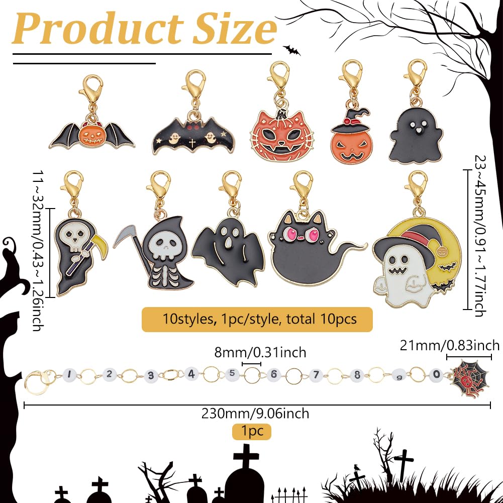 BENECREAT 11Pcs Halloween Theme Stitch Marker Charms, Golden Alloy Enamel Charm Locking Stitch Markers, Acrylic Number Knitting Row Counter Chains with Claw Clasps for Knitting Weaving Sewing