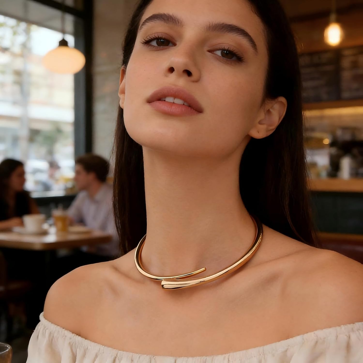 Gold Chunky Choker Necklace for Women Teardrop Open Cuff Torque Collar Minimalist Statement Fashion Jewelry Non-Tarnish Gold Plated Lightweight Adjustable Gift for Her