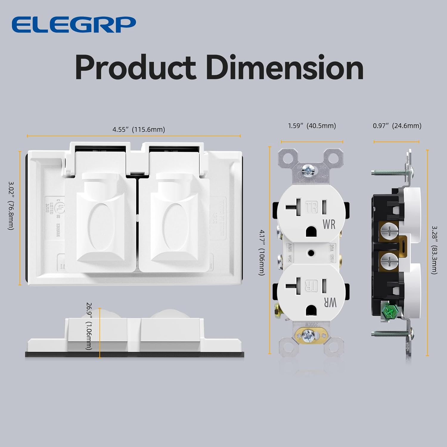 ELEGRP Duplex Receptacle with Outdoor Outlet Cover, 20A 125V Standard Electrical Wall Outlet, TR Tamper Resistant & WR Weather Resistant, Self-Grounding, UL Listed, Glossy White, 1 Pack
