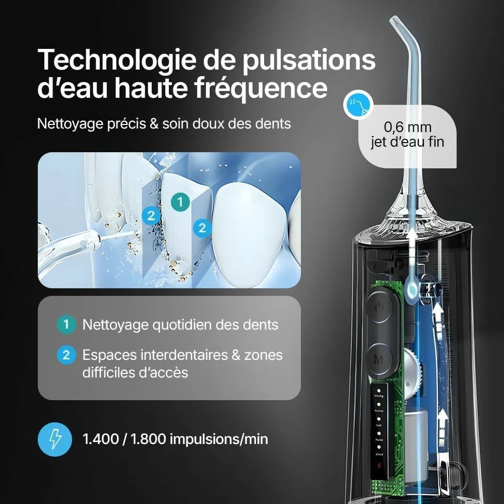 Oryzom Hydropulseur, Water Flosser for 5 modes & 4 embouts/Réservoir de 300 ml/Étanchéité IPX7 / Jet dentaire pour gencives (Blanc)