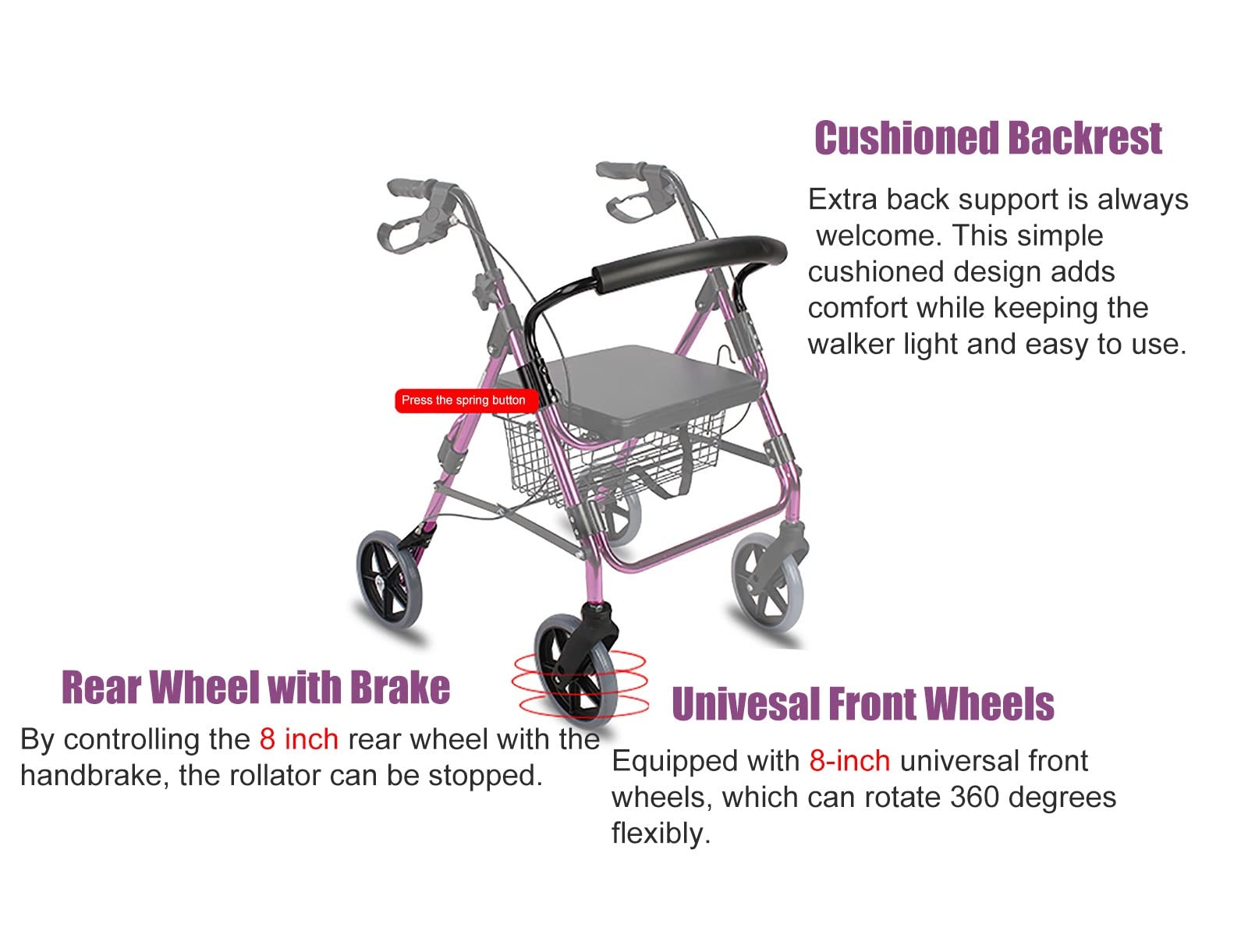 Andador con asiento y ruedas y frenos de 8 pulgadas, plegable, resistente, para personas mayores, con respaldo y cestas, altura ajustable