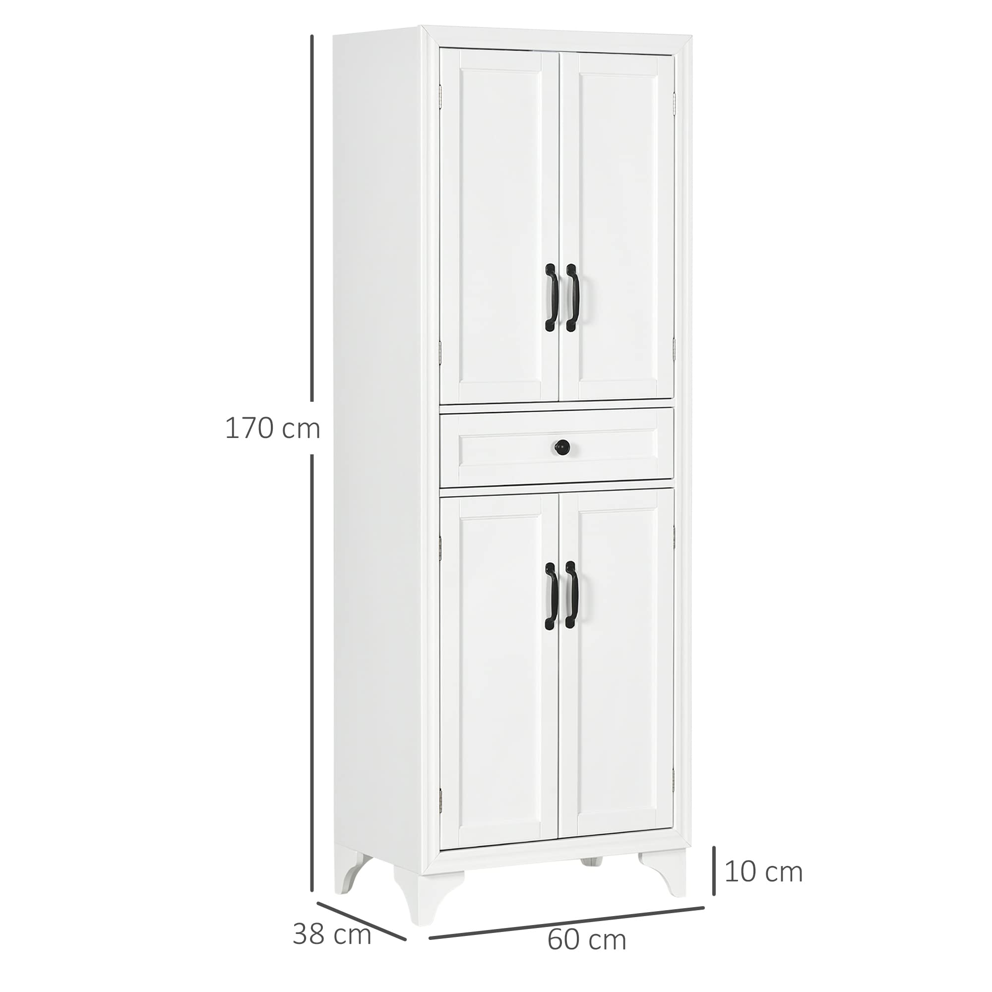 HOMCOM Buffet Haut Armoire de Cuisine 4 Portes 2 placards et 1 tiroir Central Hauteur 170 cm avec étagère réglable - Blanc