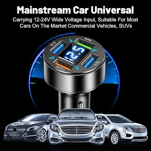 Miniatura 7 de Cargador de coche, 4 puertos cargador rápido para automóvil con salida de enchufevoltímetro LED, QC3.0Super puerto, accesorios universales para