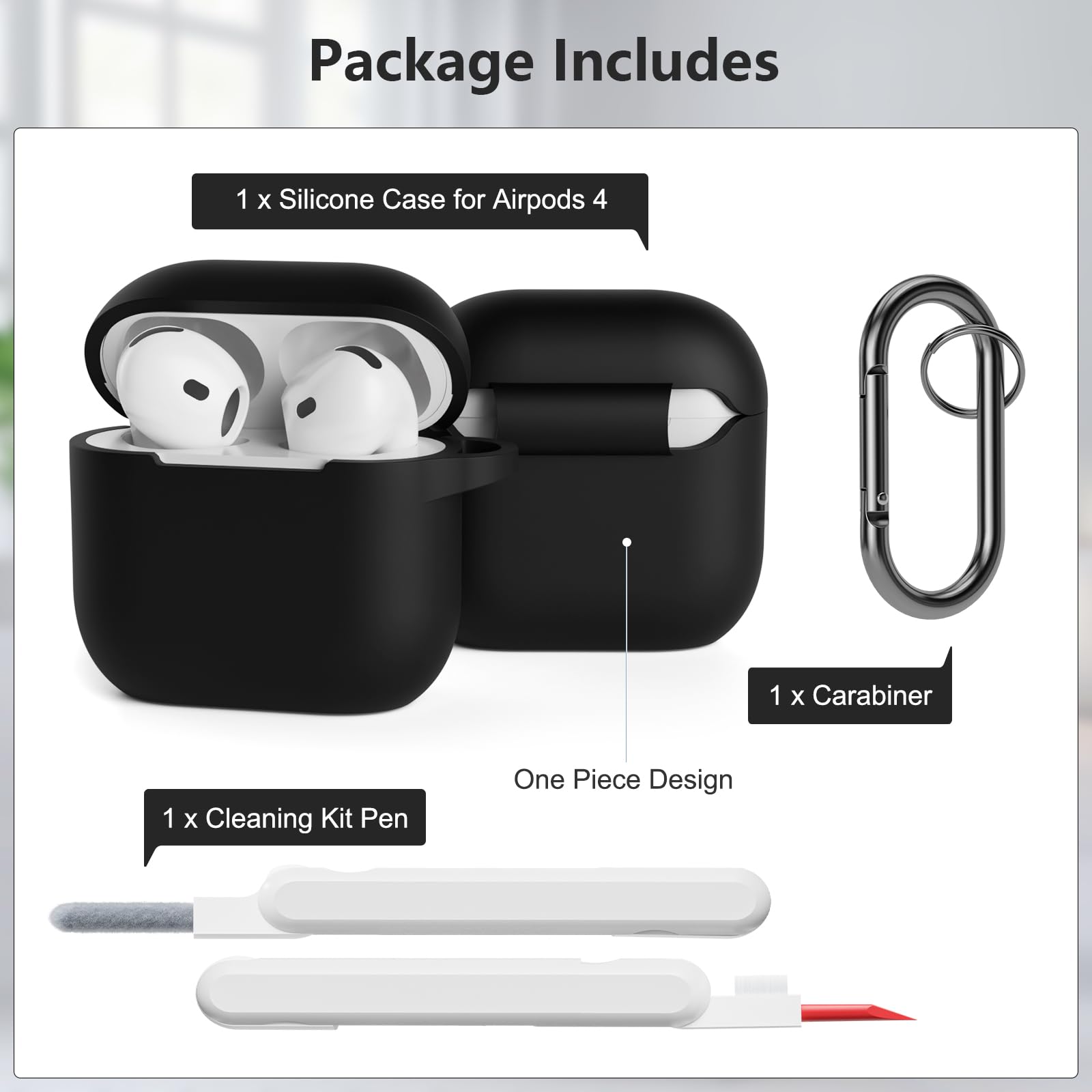 Coque Étui Compatible avec AirPods 4ᵉ Génération avec Kit de Nettoyage, Housse en Silicone Etui de Protection pour AirPods 4 2024 avec Mousqueton, Témoin LED Visible, Noir