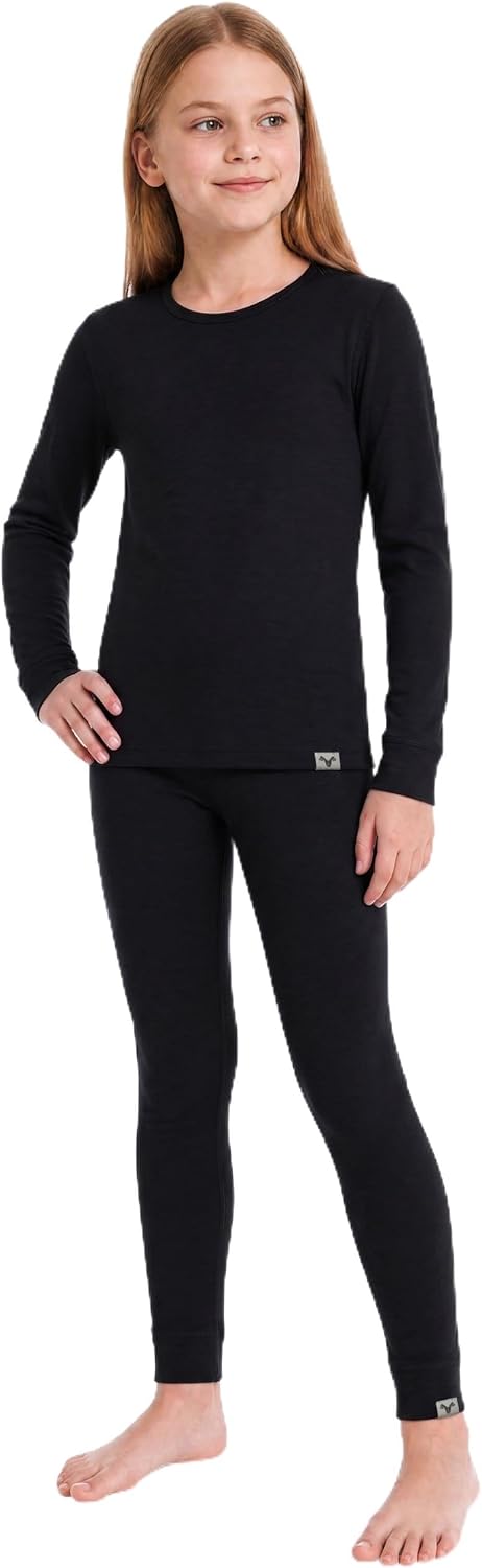 MERINNOVATION Merino Wool Base Layer Set for Kids Long Sleeve Thermal Underwear for Boys Girls Lite - Midweight Top & Bottom