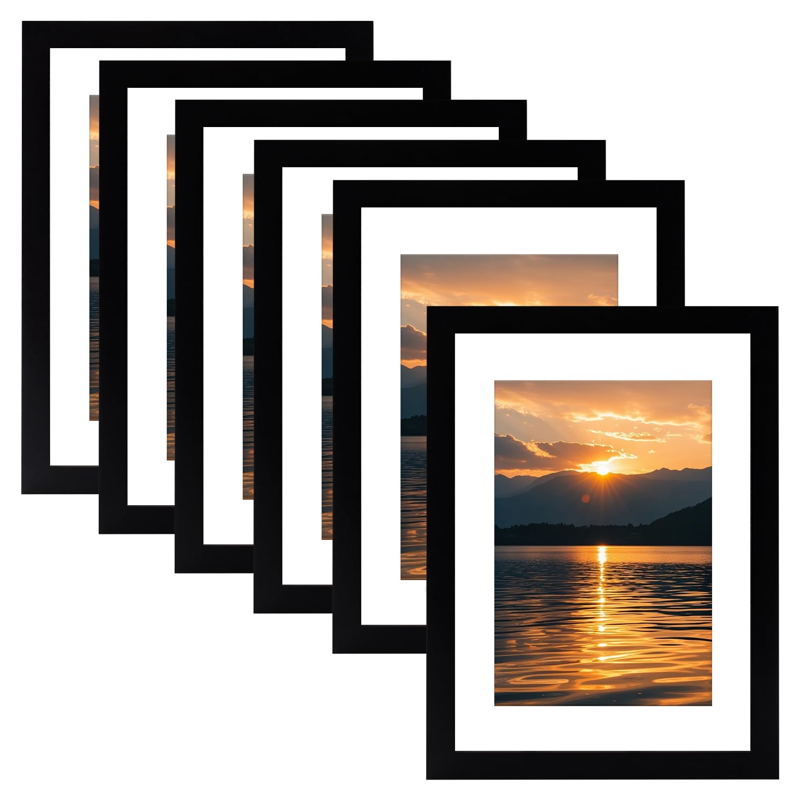 JEUIHAU A4 Picture Frames, 6 Pack Wooden Photo Frames Black with Mat, Poster Frames A4 with Plexiglass for Certificates Photos Display Wall Mount or Tabletop