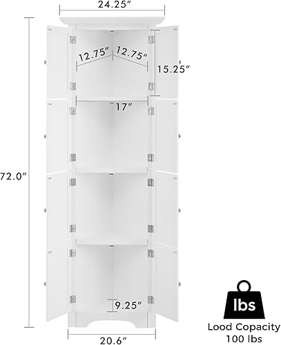 Miniatura 2 de Armario de almacenamiento esquinero de 72 pulgadas de alto con 8 puertas, armario de almacenamiento de despensa de cocina de 4 niveles, para sala de