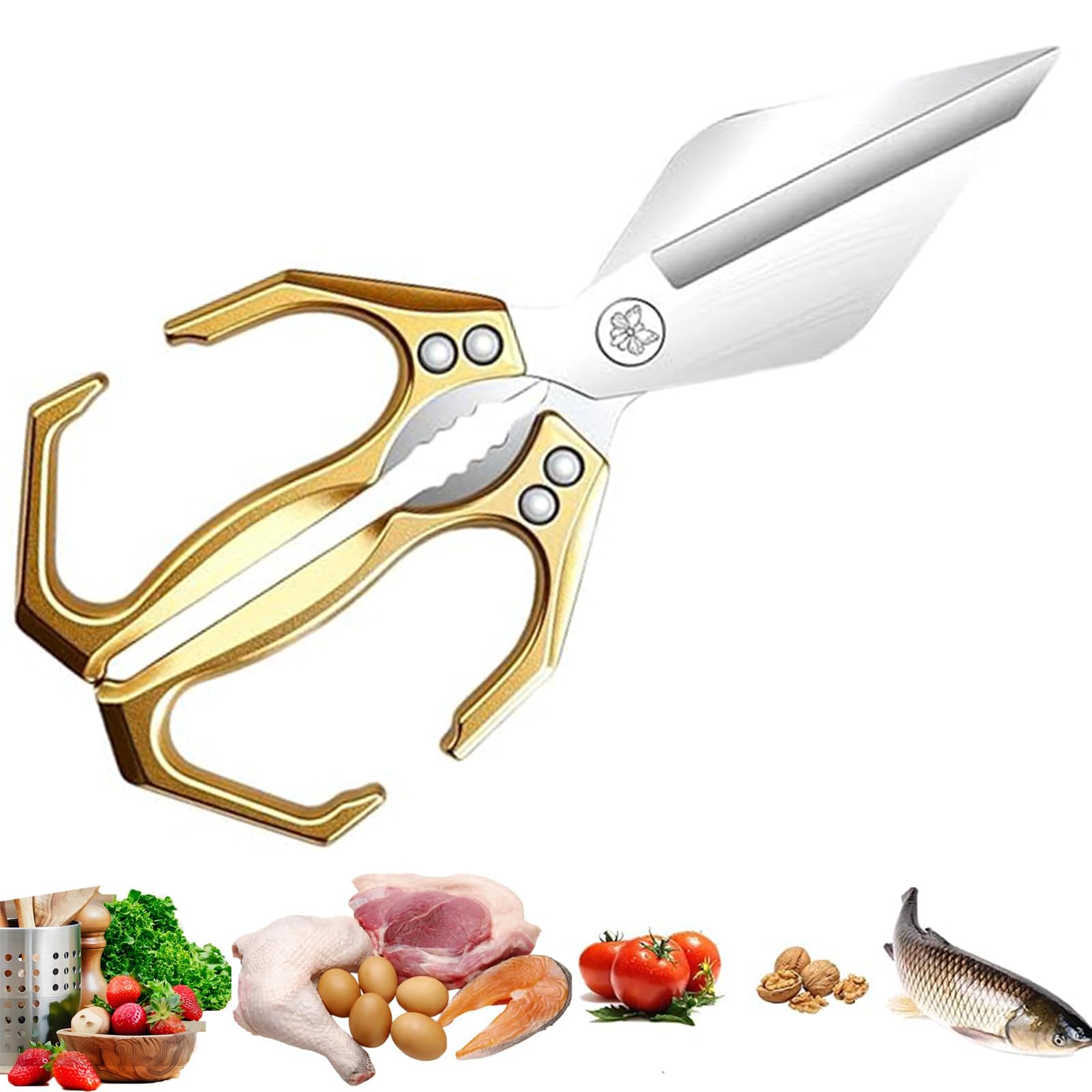Multifunctional Heavy-Duty Kitchen Shears, 2025 New Heavy Duty Kitchen Scissors for Food with Ergonomic Handle, Sharp Stainless Poultry Scissors for Chicken, Meat (Gold)
