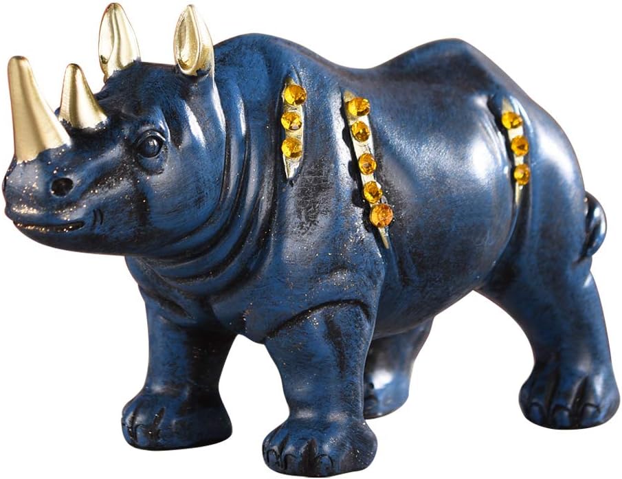 BRASSTAR Resin Rhinoceros Statue Wildlife Rino Animal Figurine Collectible Gift Home Office Decor Blue TQZDPT12