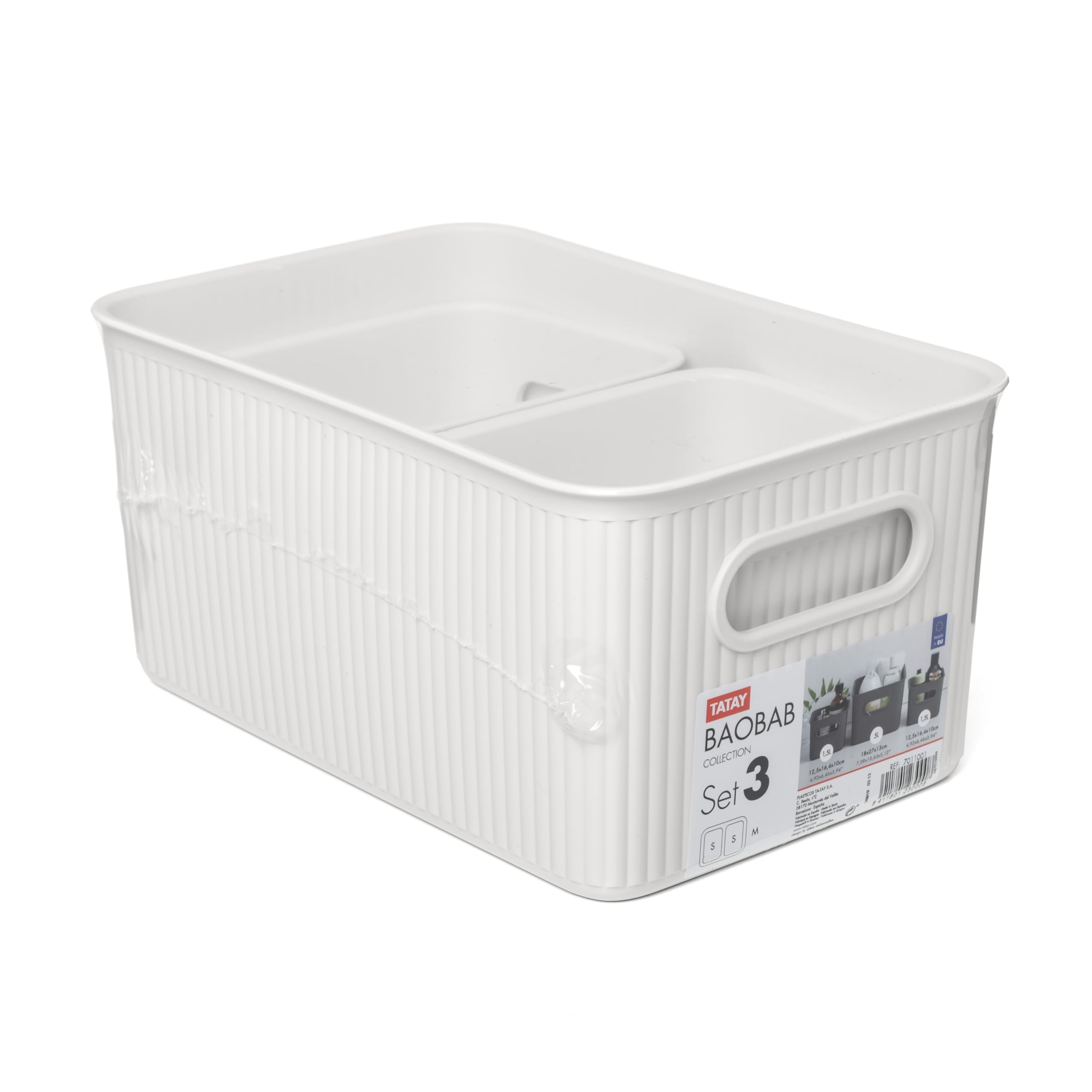 TATAY Cestino Portaoggetti Plastica Baobab | Set di 3 Scatole Organizzatrici | Manici Integrati | Design Compatto e Versatile | Plastica Riciclata Senza BPA | 18,7 x 27,8 x 13,3 cm, Bianco