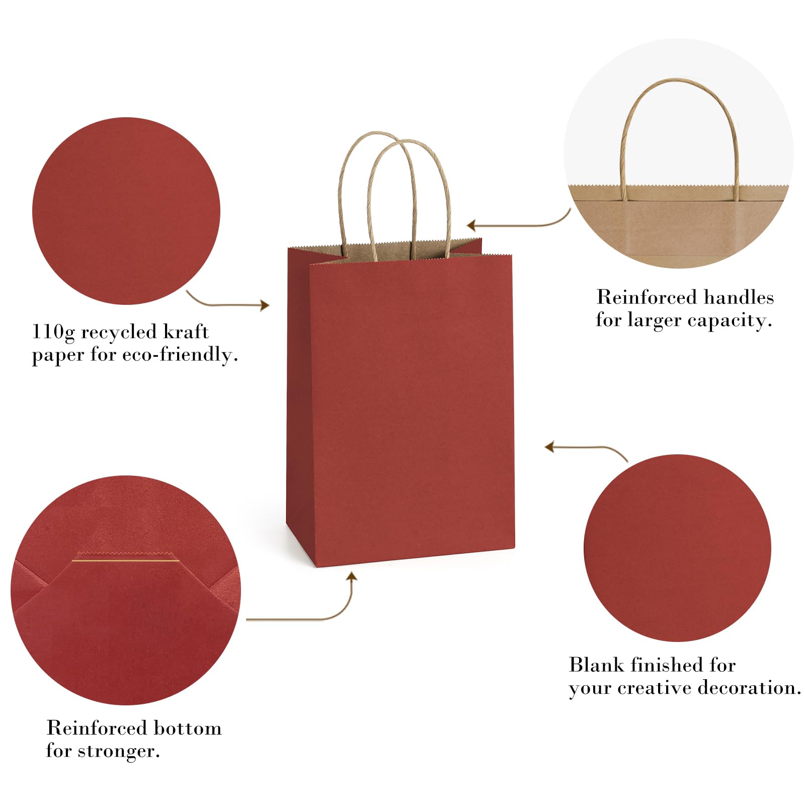 BagDream Kraft Paper Bags 100Pcs 5.25x3x8 Inches Small Kraft Gift Bags with Handles Bulk, for Shopping, Party Favor, Retail, Merchandise, Business, Red Paper Gift Sacks