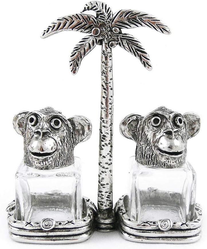 Monkey Pewter and Glass Salt and Pepper Shakers, Made in the USA