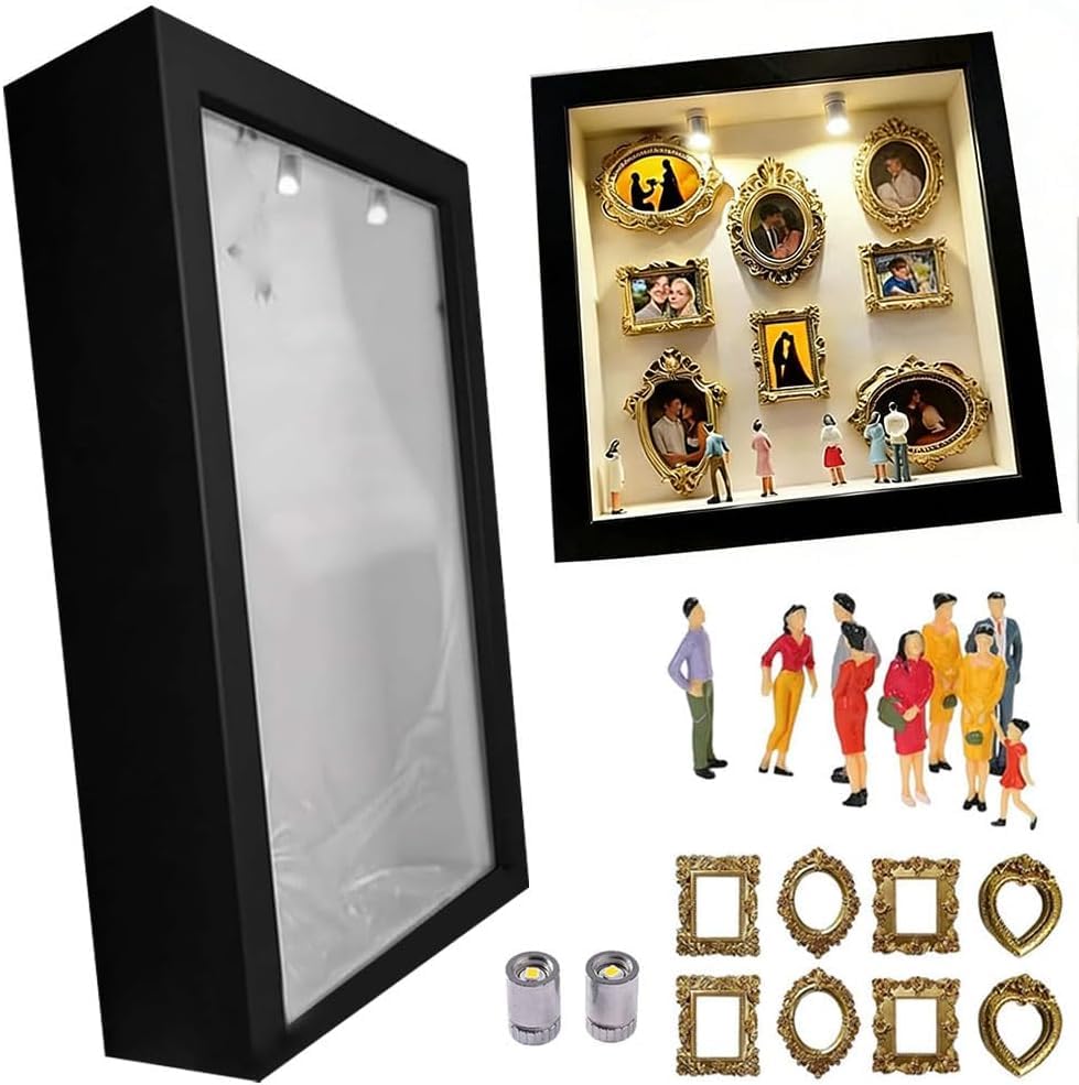 DIY Mini Museum Shadow Box Display Case with 7 Mini Figurines & 8 Gold Photo Frames, Personalized Silhouette Box Decor, for Valentine's Day Anniversary
