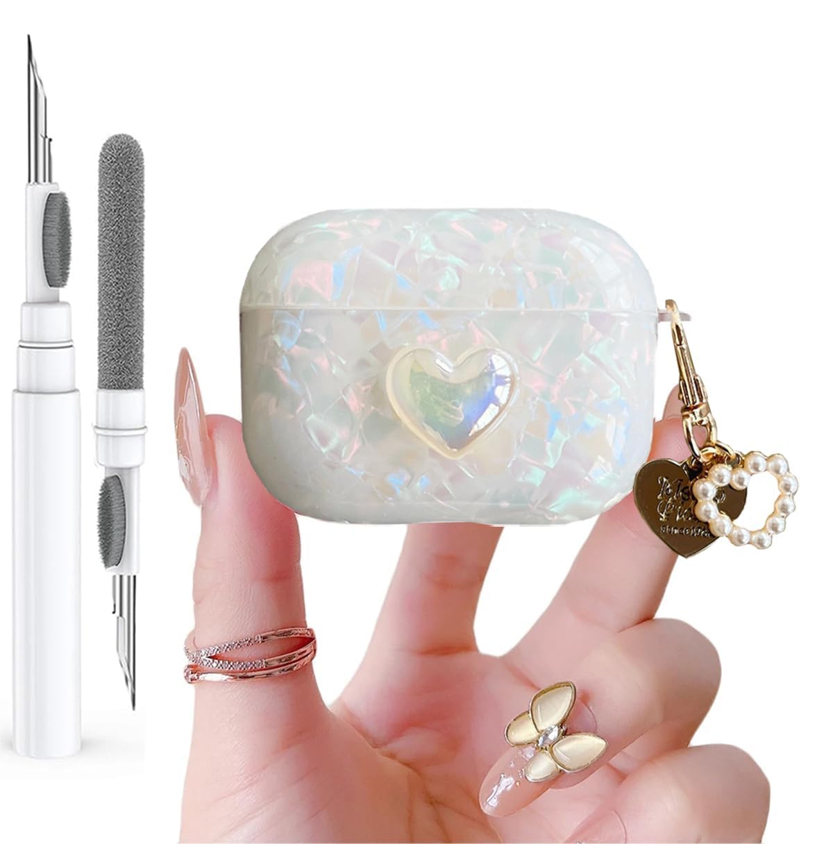 Olytop for Cute Glitter Airpods Pro/Pro 2 Gen Case with Cleaner Pen, Shell Pattern iPod Pro 2nd/1st Generation Cover Protective Skin Girl Women with Luxury Heart Keychain 2023/2022/2019 - Colorful
