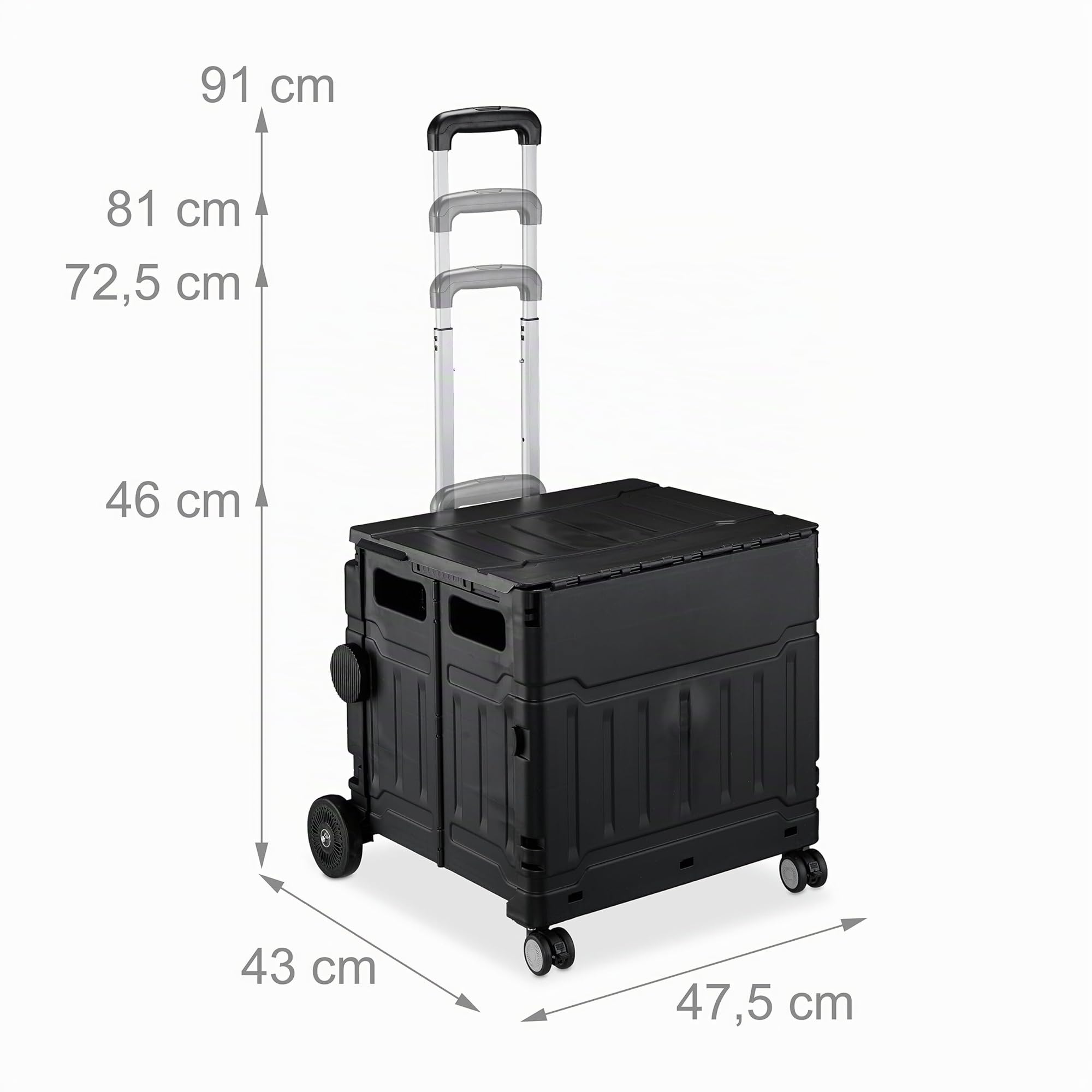 Relaxdays Chariot de Courses Pliable, Caisse à roulettes, avec Couvercle, poignée inclinable, 50 kg, Noir