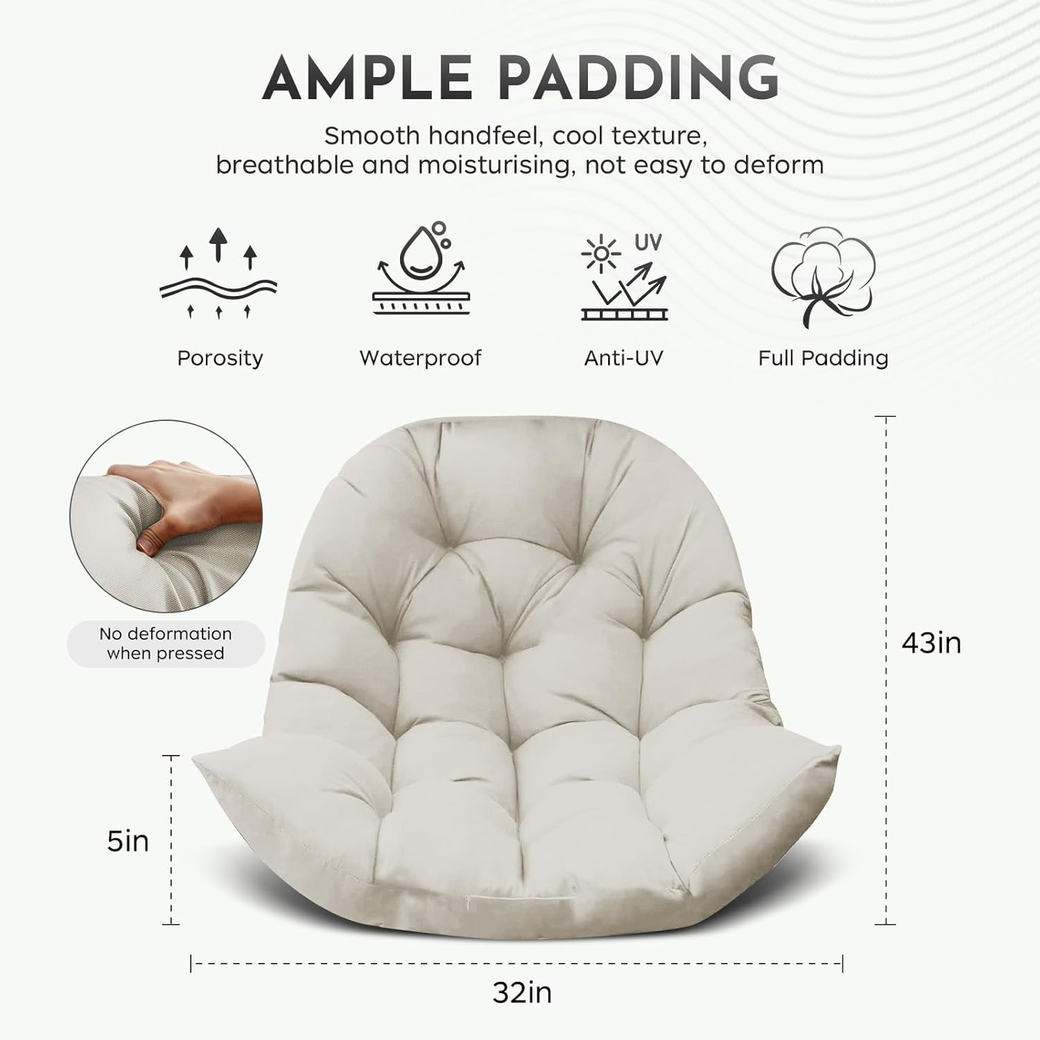 Egg Chair Cushions for Outdoor Furniture, Waterproof Egg Chair Cushion Replacement for Hanging Chairs, U-Shape Swing Chair Cuhsion 32x43 Inches (Cream)