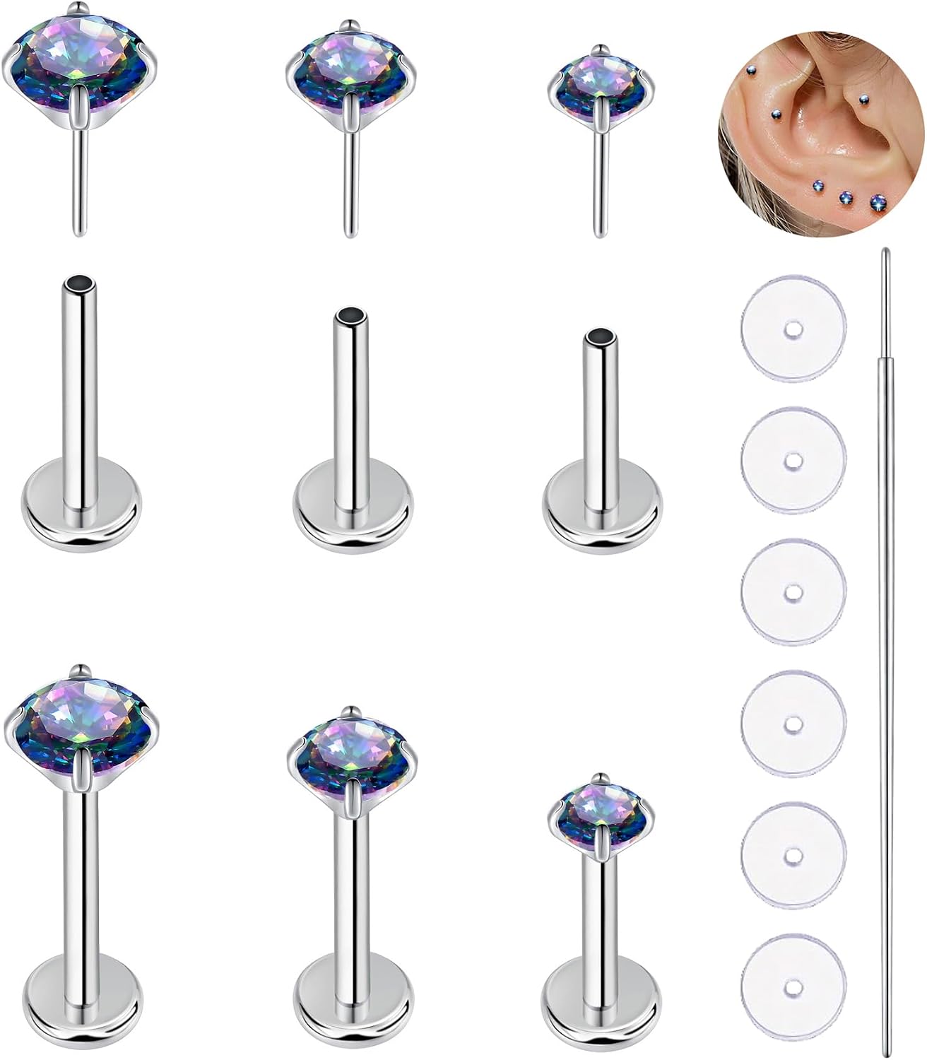 20G Flat Back Earrings Studs 18G Nose Rings 24K Gold Plating 3 Pairs Titanium Threadless 16G Cartilage Earrings for Women Men Tragus Conch Helix Medusa Lip Piercing Jewelry