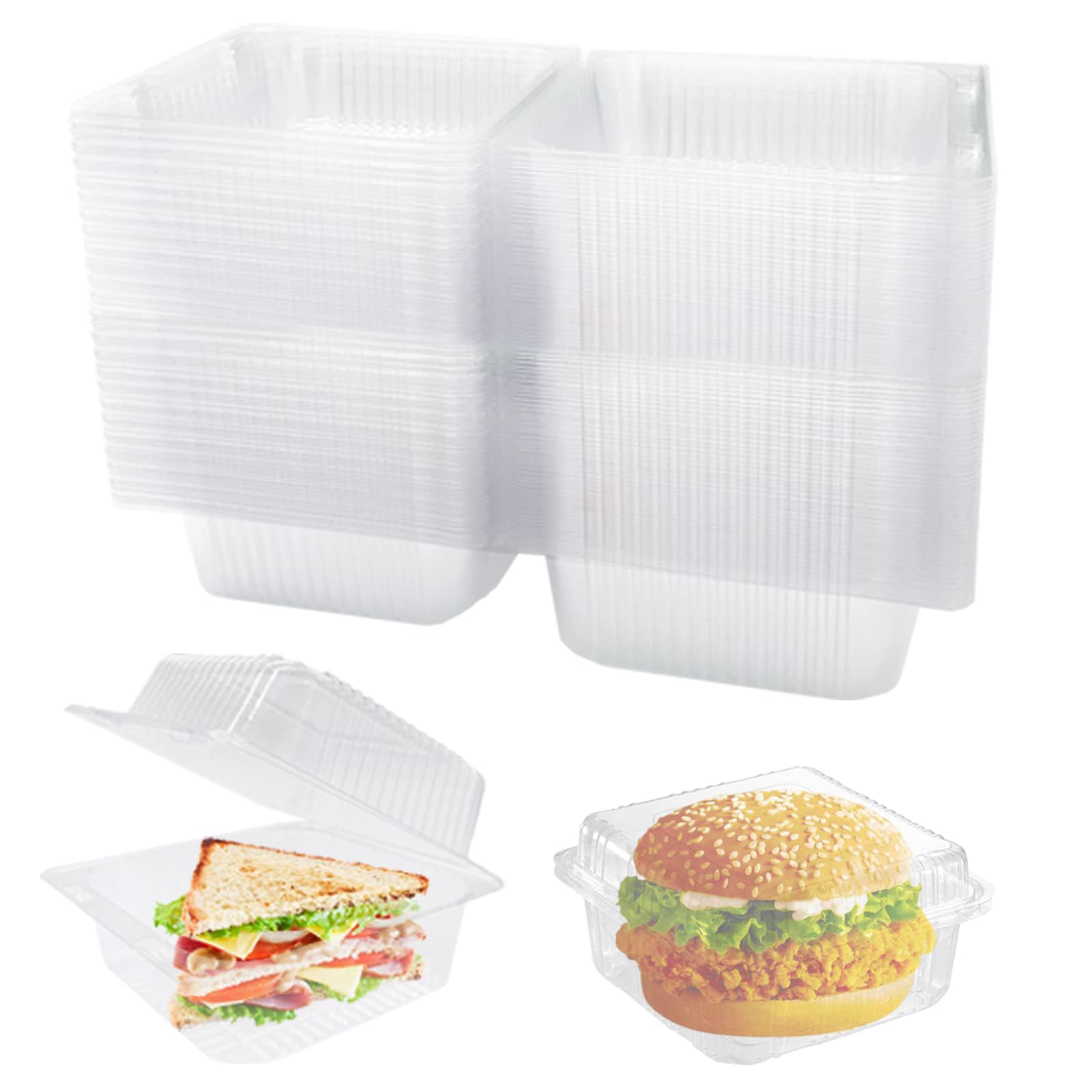 Excefore Clear Plastic Hinged Food Containers, 100 Pack Disposable Clamshell Sandwich Containers, Plastic Containers with Lids for Sandwich,Cake,Dessert,Hamburger,Salad,5.1 x 4.7 x 2.8 Inch