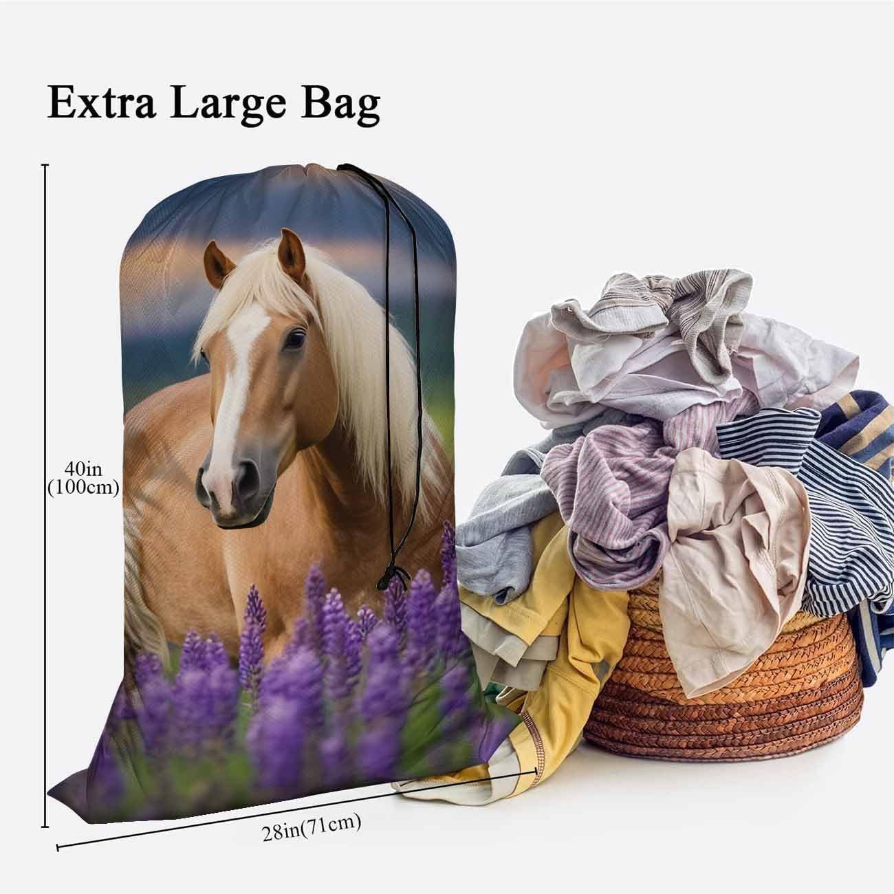 Swono Large Dirty Clothes Laundry Bag Palomino Horse for Laundry Basket Hamper, Horse With Long Mane Flowers At Sunset Machine Washable Dirty Clothes Organizer with Drawstring Closure, Flowers image 3