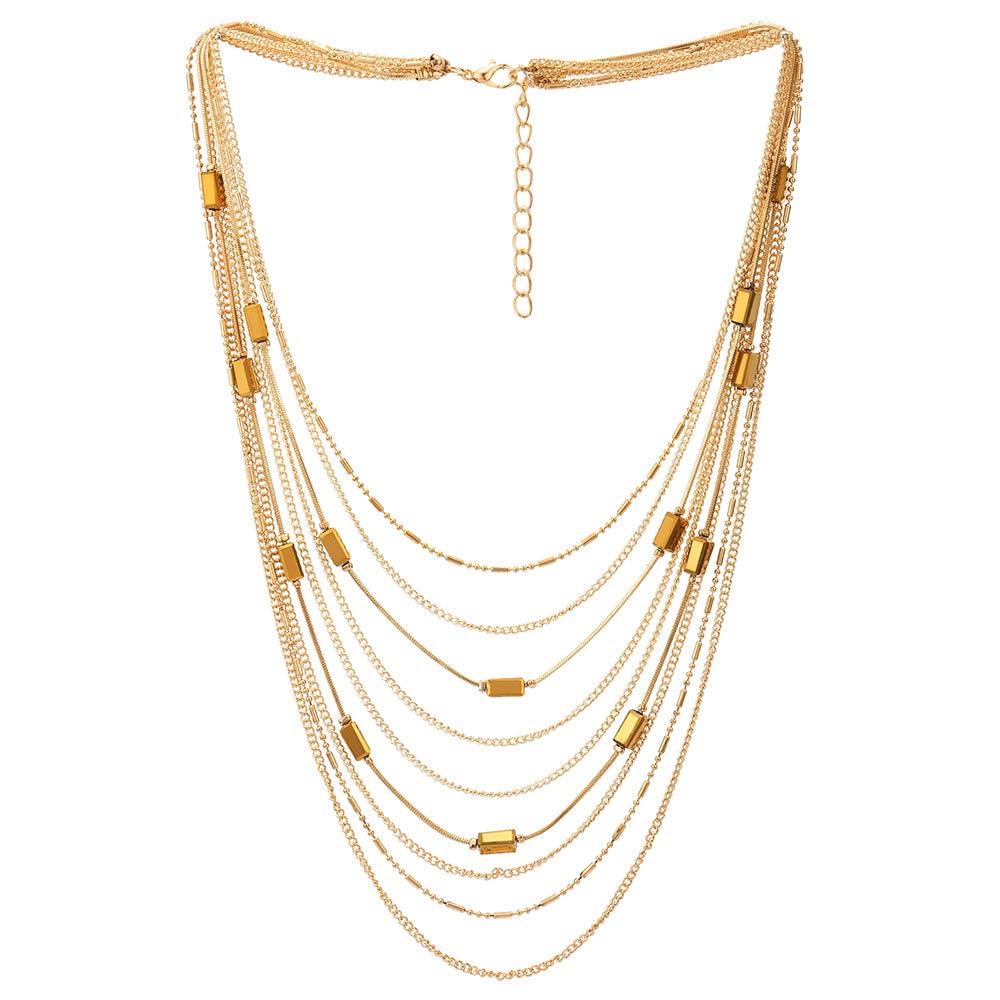 18K Gold-Plated Statement Choker Collar Necklace Waterfall Multi-Strand Chain with Rectangle Crystal Bead Charm