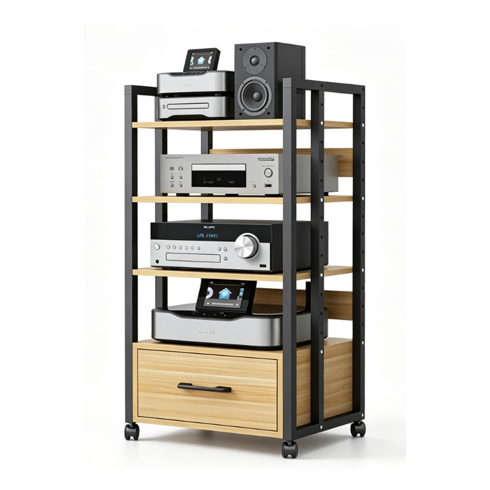Stojak Multimedialny AV,Wieża Audio z Regulowanymi Półkami,Regulowane Półki | Stojak na Odtwarzacz cd do Salonu Szafka na Komponenty Stereo WieżA Typu Rack Audio z Ruchomym KółKiem(A1,4 layer)