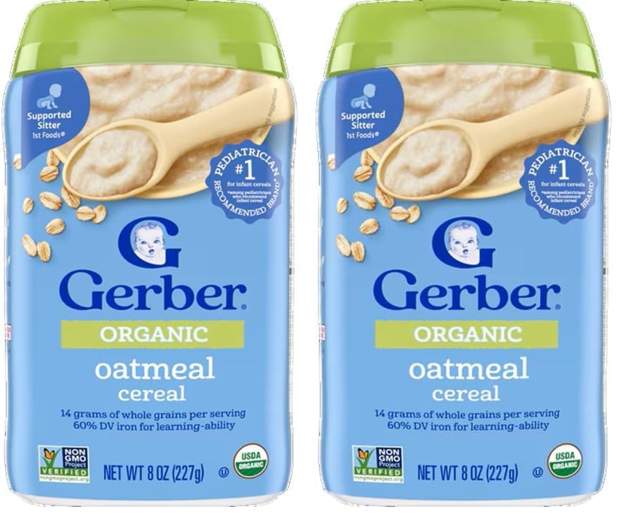 Gerber Stage 1 Baby Food, Organic Baby Oatmeal Cereal, 14g Whole Grains, Iron, Zinc & Vitamin B12, Infant Cereal, 12-Pack
