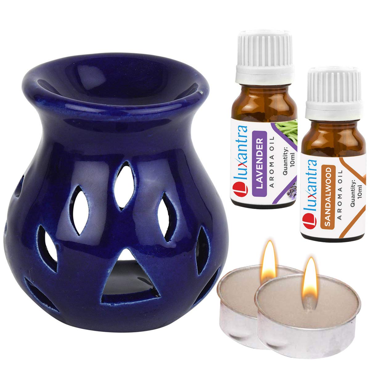 Luxantra Ceramic Aroma Diffuser Oil Burner with 2 Lavender Sandalwood Aroma Oil with 2 Tlight Candle Free for Home Office Hotel Spa