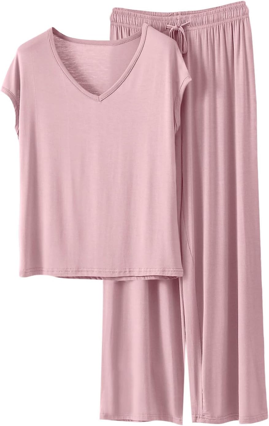 HGps8w Women's Pajamas Sets, Loose V Neck Short Sleeve Top Matching Wide Leg Pants Soft Modal Summer 2 Piece Lounge Outfits