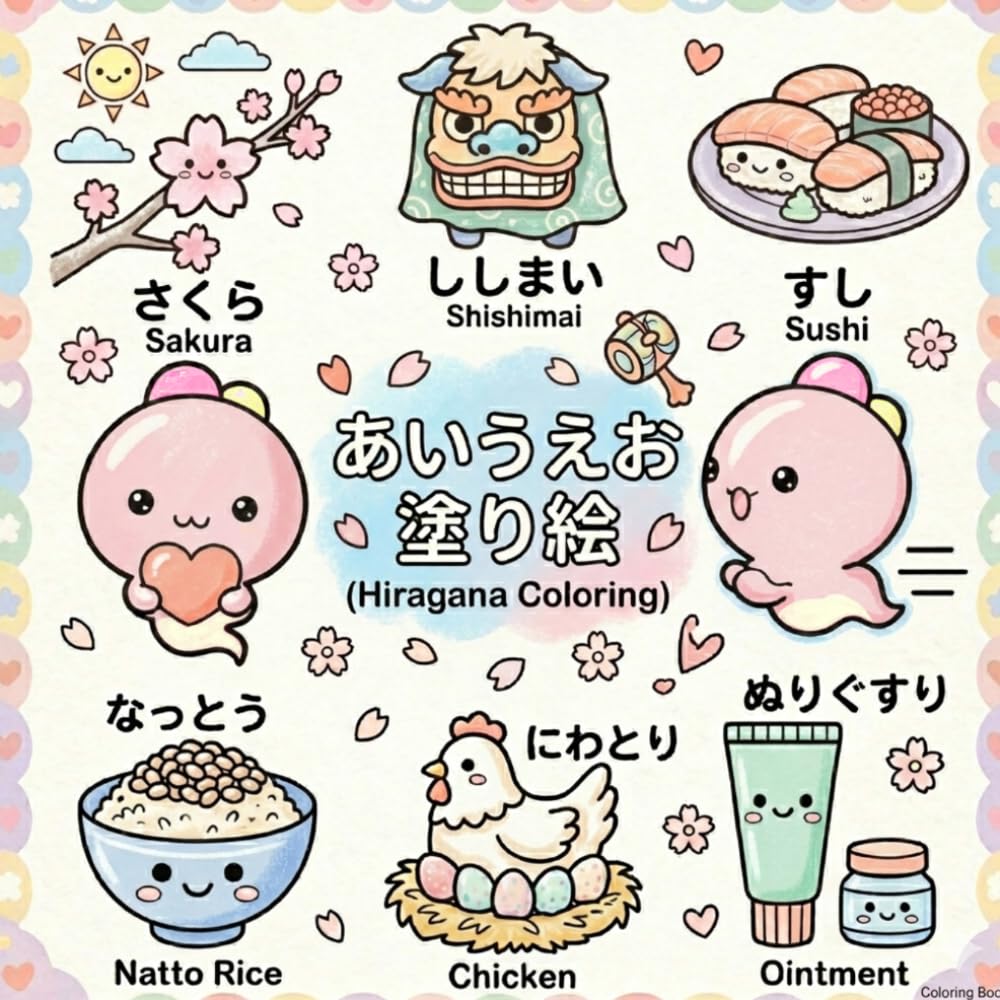 Hiragana Coloring Book: あいうえお〜な行: apanese Alphabet Coloring Book for Kids (A to Na) | Learn Hiragana with Fun Illustrations