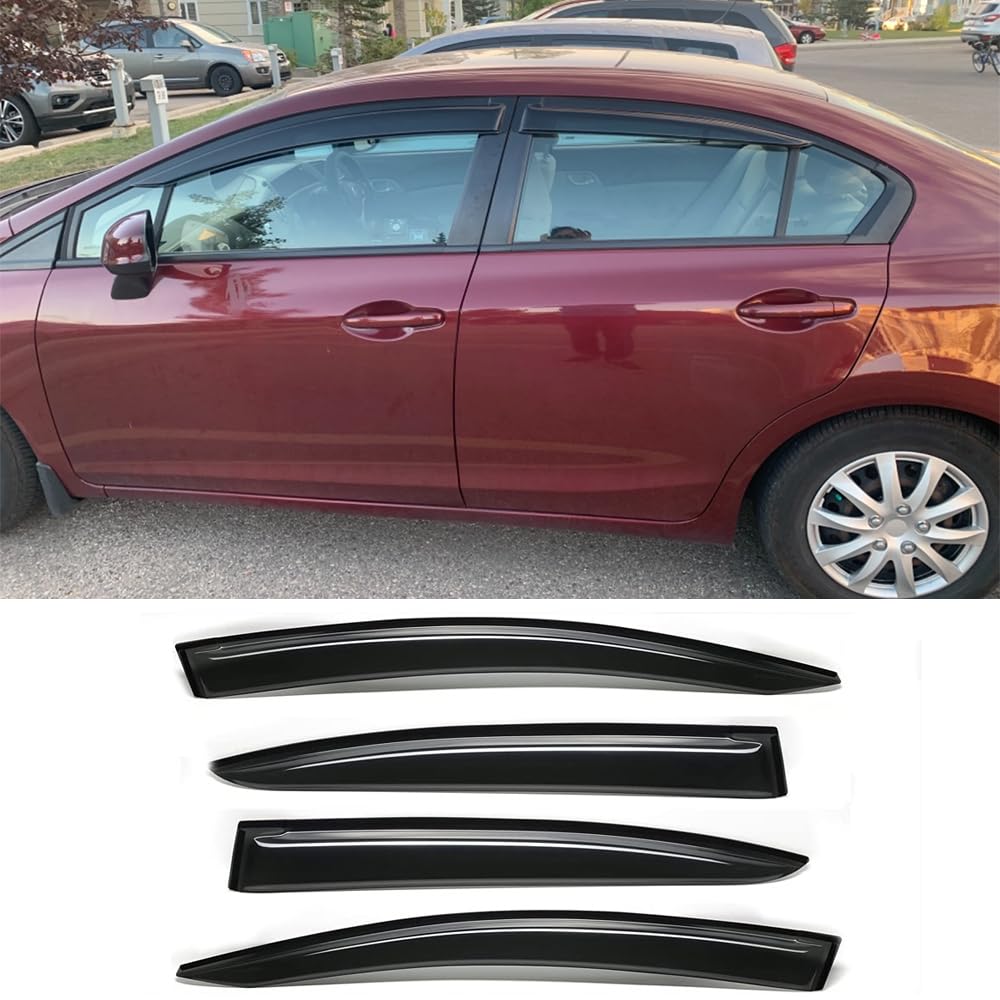 Side Window Visors Wind Vent Deflector fit for 2012-2015 Honda Civic Sedan,4pcs Dark Smoke Outside Tap-On Nice Sun Rain Guards 94462
