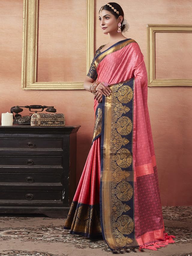 Satrani Women's Cotton Silk Dual Tone Dobby Weave Jacquard Border Saree With Unstitched Blouse Piece (3579S2511N_Punch Pink & Navy Blue)