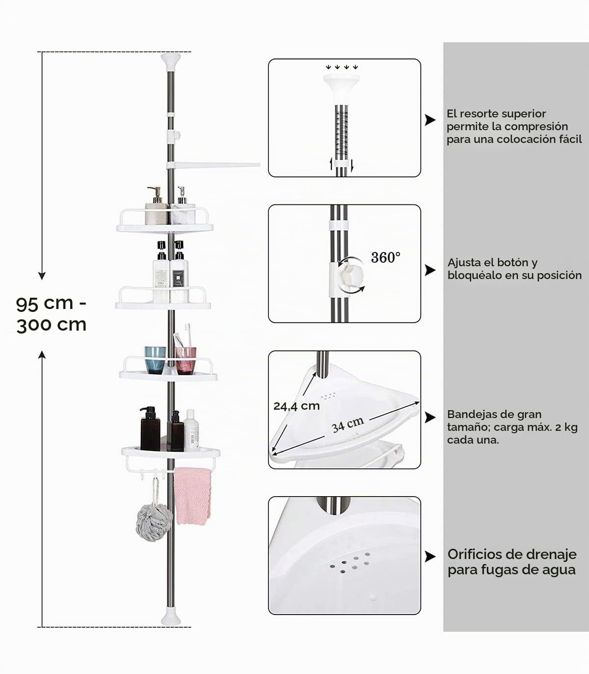SONGMICS Estante de Baño Ajustable, Columna de Ducha Telescópica, 95-300 cm, de Suelo a Techo, con Marco de Acero Inoxidable, 4 Bandejas, 3 Ganchos, 1 Toallero, Blanco y Plateado BCB02SW
