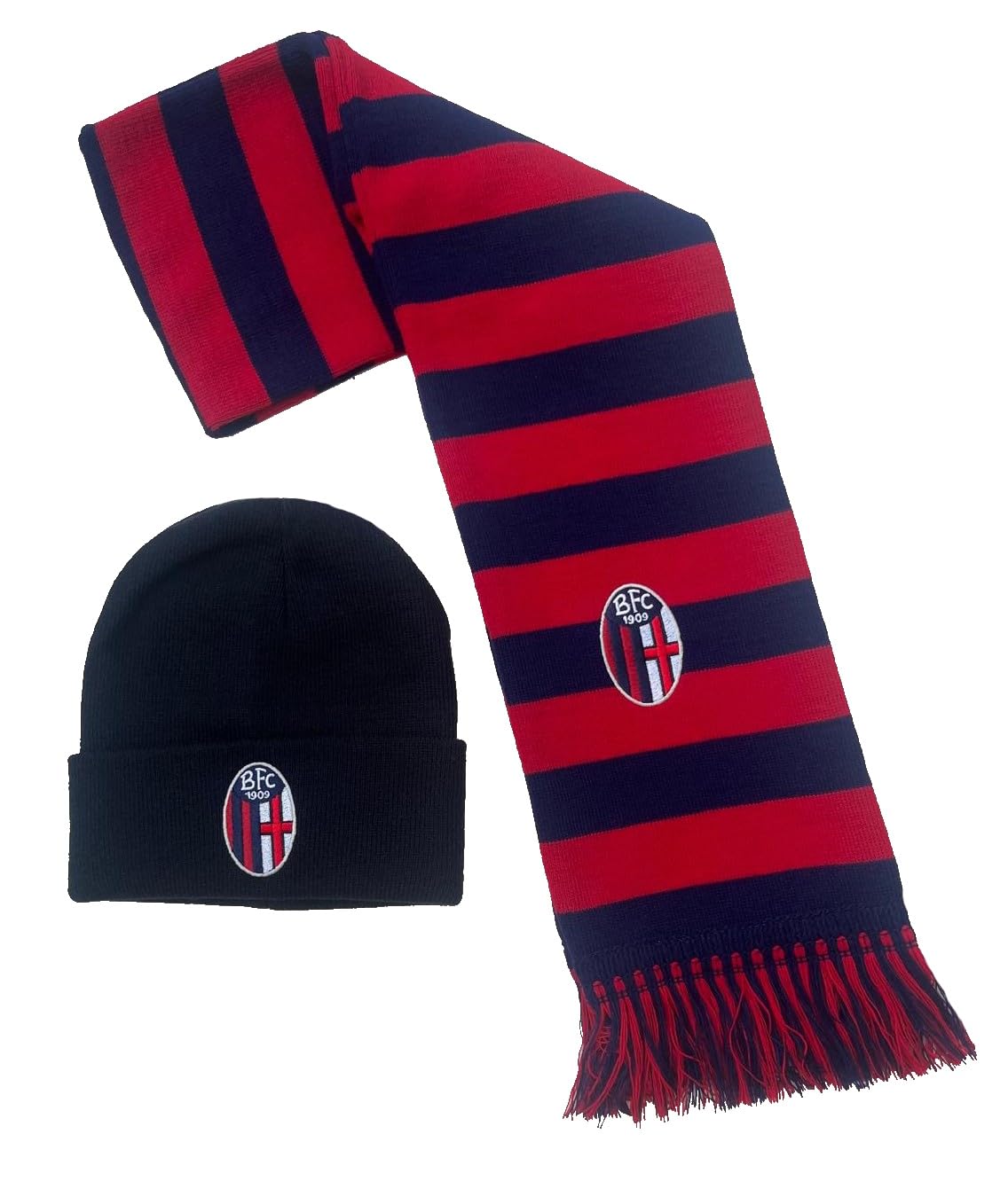 Set Bologna Sciarpa + Cuffia Ufficiale Kit per Tifoso Felsineo Calcio Ricamato Invernale Tubolare Berretto Cappello Cappellino in Acrilico SETBOTRBCUFBL