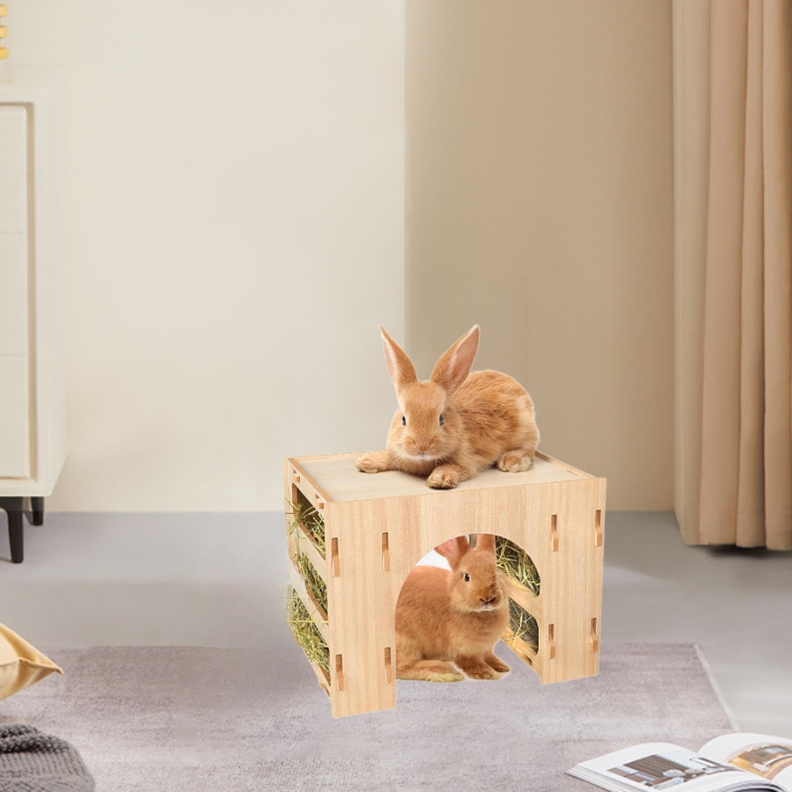 Donateur de Chauffage en Bois pour Lapins, Maisonnette pour Hamsters, Jouets D'enrichissement Interactifs, Mangeoire, Râtelier à Foin pour Lapins,